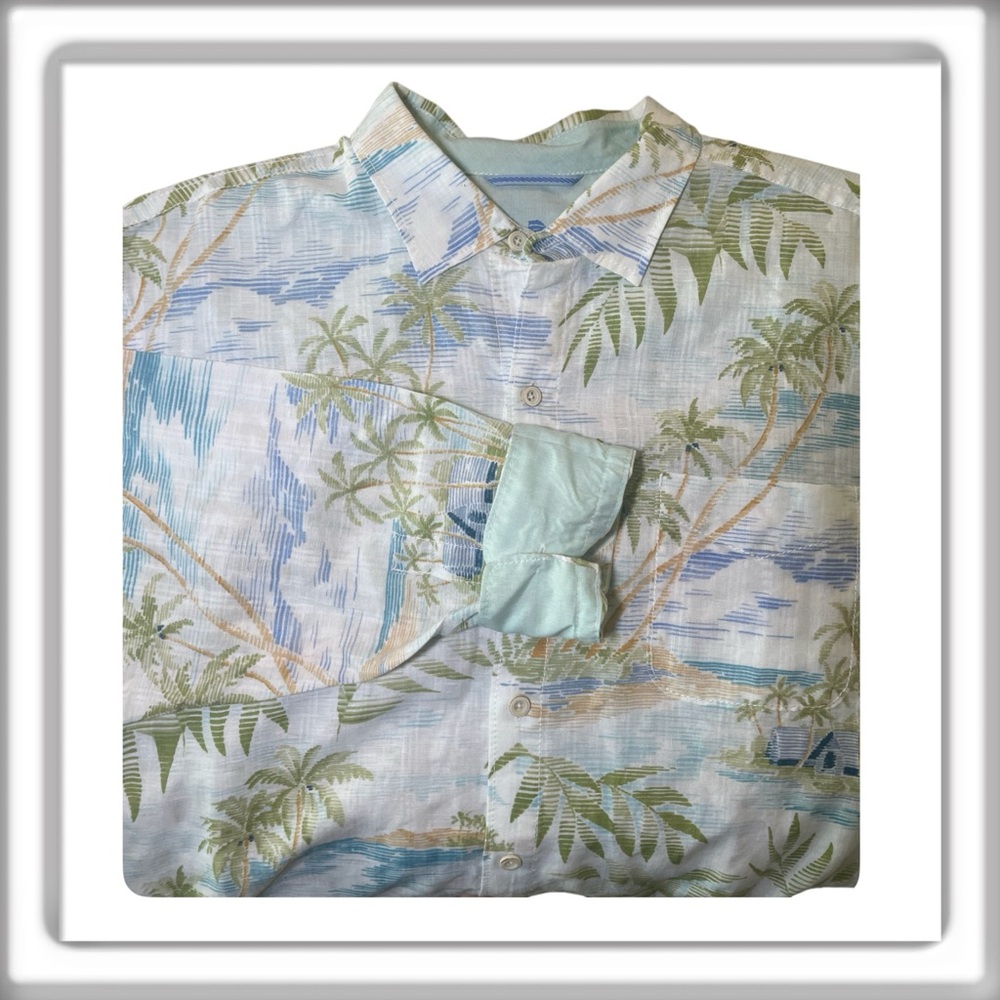 Tommy Bahama Relax Long Sleeve Linen Blend Button Down Shirt Flip Cuff Size XL